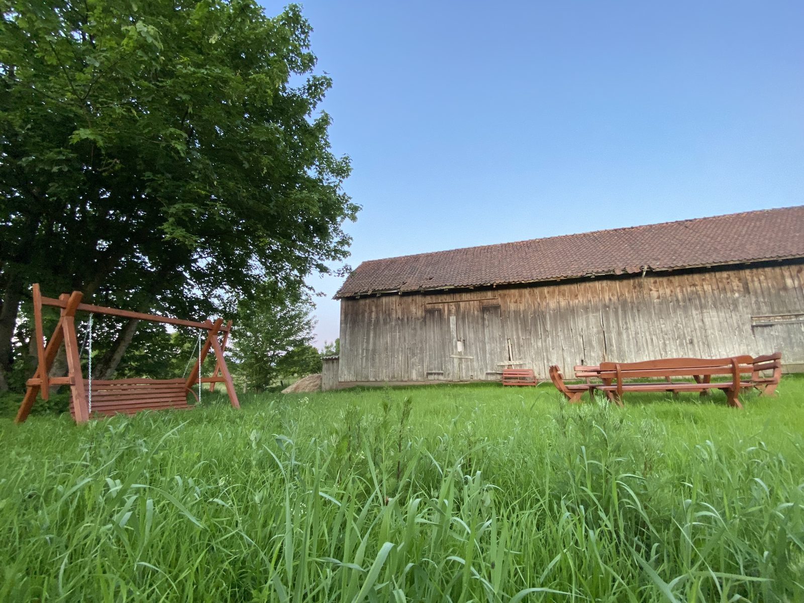 Łąka, huśtawka i ławki